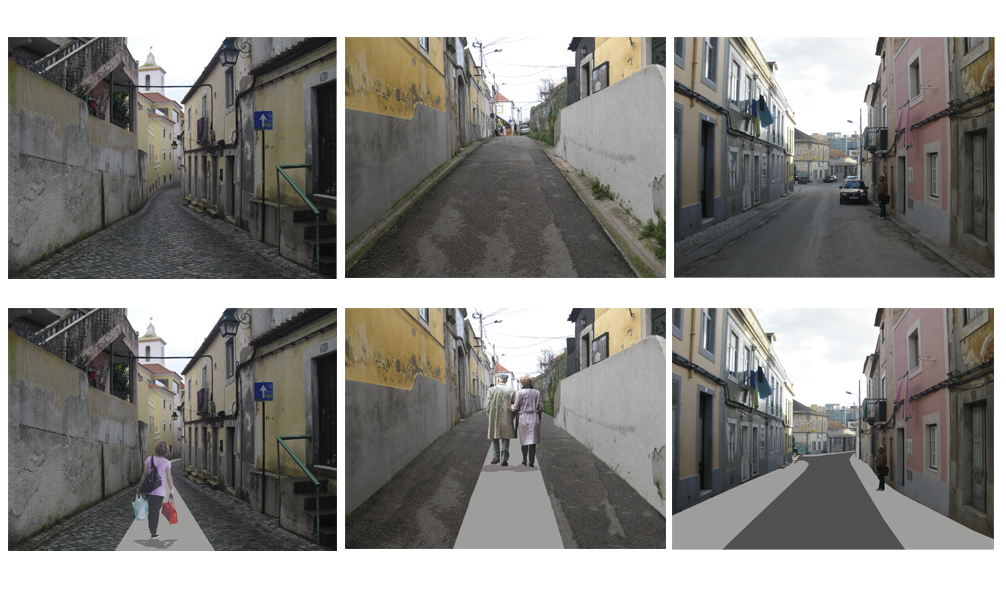 Imagens do existente e fotomontagens do proposto.